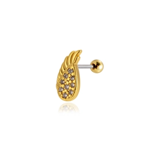 Detailed view of gold wing earring with clear zircons and round ball back screw