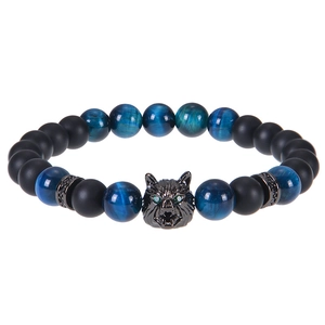 Natural Stone Beaded Bracelet Alloy Wolf Head Men Gothic Punk Fashion Jewelry Elastic Cord Tiger Eye Obsidian Map Stone