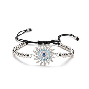 Silver sunflower evil eye bracelet with blue zircon and adjustable black woven cord