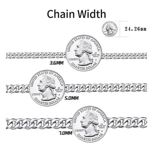 Polished S925 sterling silver Cuban curb chains in 3.6mm, 5.0mm, and 7.0mm widths