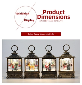 Detailed view of four vintage Christmas lanterns featuring Santa and reindeer miniature scenes