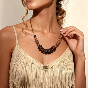 Bohemian Wood Bead Coconut Shell Long Sweater Chain Necklace Retro Ethnic Vintage Style For Women Handmade Jewelry Gift