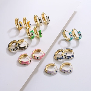 Evil Eye Hoop Earrings For Women 18K Gold Plated Copper Enamel Colorful Bohemian Retro Geometric Jewelry Gift