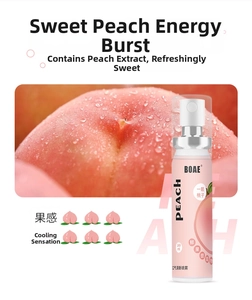 Detailed view of peach flavored 20ml breath spray with water droplets and fresh peach