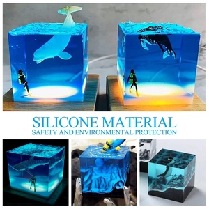 3D cube ocean whale resin silicone mold with wood LED base for DIY craft night light