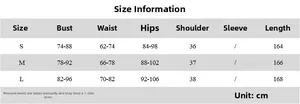 Detailed size chart for the backless metallic gold dress in S, M, and L dimensions