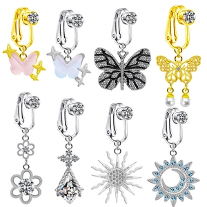 Faux Anneau de Nombril Non Percé pour Femmes Design Papillon Soleil Lune Strass Alliage de Zinc Bijoux de Corps à Clipser Décor de Nombril