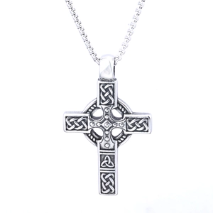 Silver stainless steel Celtic cross pendant necklace with Nordic viking totem on white background