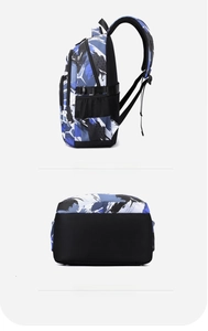 Detail view of side mesh pocket and reinforced bottom of camouflage student backpack
