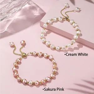 Elegant 14K gold plated baroque pearl bracelet set in creamy white and sakura pink tones