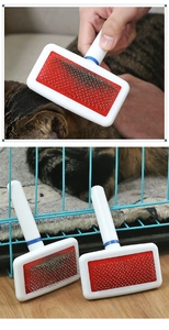 Detail view of pet needle brush with white handle and red rubber pad for cat grooming