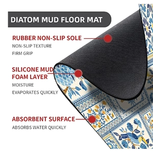 Detail showing multi-layer diatomite bath mat with non-slip rubber base and floral pattern