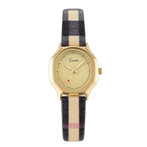 Luxury oval gold quartz watch for women with stylish three-color vintage plaid leather strap