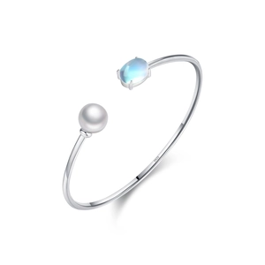 Elegant S925 sterling silver open cuff bracelet with white pearl and blue moonstone