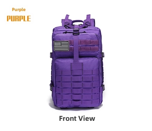 Detail of purple tactical backpack featuring MOLLE webbing and US flag patch