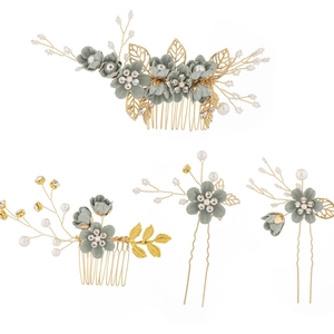Elegante set di pettini e forcine con fiori grigi e strass per acconciature da sposa