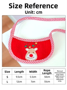 Size chart for Christmas reindeer dog bandana with red knit fabric and S/L dimensions