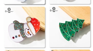 Detail of Christmas snowman and tree hair clips in glossy acrylic material