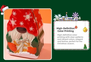 Detail of Christmas gnome tin box featuring high-definition color printing and metal texture