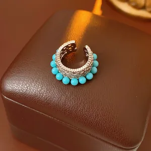 Orecchino A Clip In Rame Cavo Vintage Con Perline Di Turchese E Zircone Boho Retro Doppio Strato Gioielli Donna