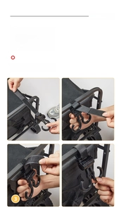 Detailed step-by-step guide showing tool-free velcro installation for black stroller hooks