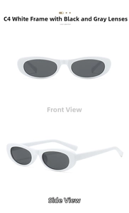 Front and profile views of oval white frame sunglasses with dark grey lenses