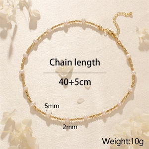 Detail view of 5mm freshwater pearl necklace with 2mm gold beads and dimension specs