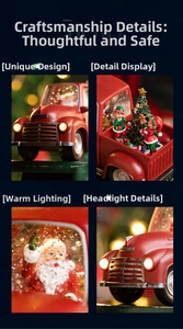 Détails macro du camion de Noël rouge avec lumières LED, Père Noël et effet boule à neige