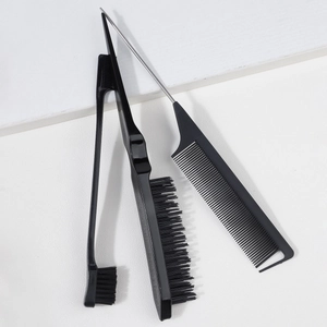 Three-piece hair styling set including edge brush, tease brush, and metal rat tail comb