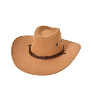 Cappello da cowboy western in feltro cammello con corda intrecciata e occhielli