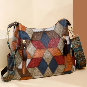 Women PU Leather Crossbody Bag Patchwork Geometric Diamond Pattern Wide Strap Large Capacity Retro Bohemian Shoulder Bag