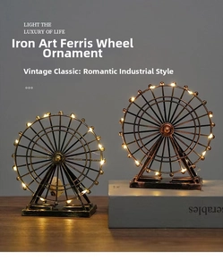 Close-up of retro iron ferris wheel model with warm LED lights on wooden table