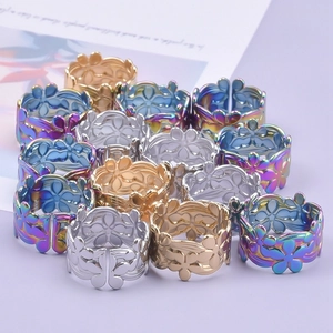 Minimalist stainless steel open rings with hollow flower patterns in gold, silver and rainbow