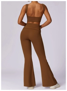 Rear view of brown yoga set featuring a U-back sports bra and flare yoga pants