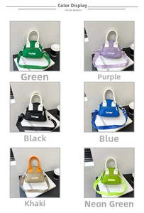 Detailed grid view of mini triangular kids crossbody bags in six vibrant colors