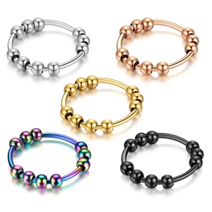 Set of five stainless steel fidget rings with movable beads in multiple metallic colors