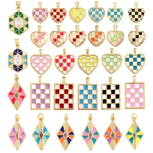 Copper Enamel Checkerboard Heart Geometric Charms Pendants Gold Plated Cubic Zirconia For DIY Jewelry Necklace Making