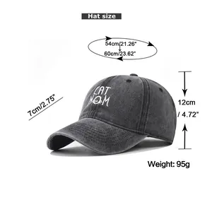 Size guide for washed cotton baseball cap showing 54-60cm circumference and cat mom embroidery