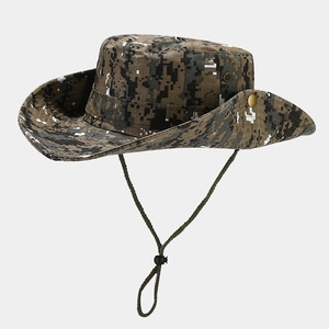 Detail view of digital camo bucket hat with adjustable chin strap and side press buttons