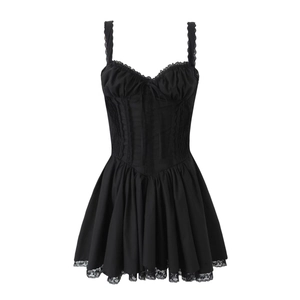 Gothic black mini dress with lace trim, corset waist and drawstring detail in ballet style