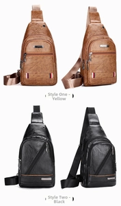 Detail showing vintage PU leather chest bags with textured finish and headphone port