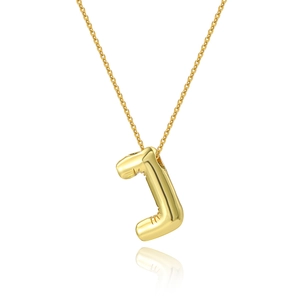 Detailed view of 18K gold plated letter J pendant necklace with polished finish