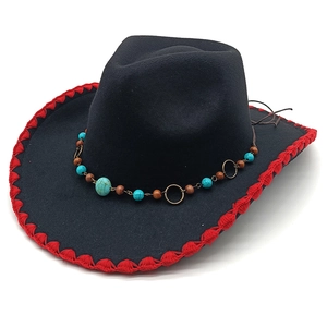 Western Cowboy Hat Ethnic Bohemian Fedora With Faux Turquoise Wood Beads Wide Brim Woven Edge Felt Jazz Hat Men Women