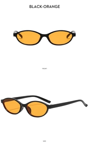 Front and side views of vintage oval sunglasses with black frames and orange lenses