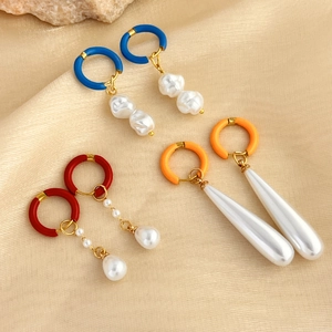 Stainless Steel Artificial Pearl Hoop Earrings With Colorful Enamel Drip Retro Geometric Drop Jewelry For Women
