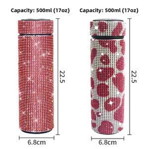 Close-up of 500ml diamond thermal bottles with LED temperature display and leopard print