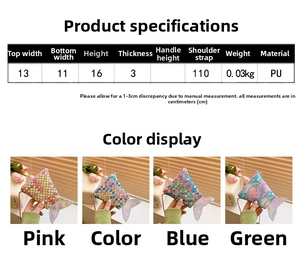 Size guide for mermaid tail sequin mini shoulder bag with detailed dimensions and colors