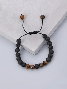 Adjustable 8mm lava rock and tiger eye stone braided bracelet for men with textured beads