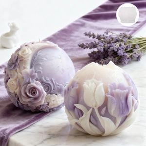 Spherical floral relief candle silicone mold featuring 3D rose and tulip patterns
