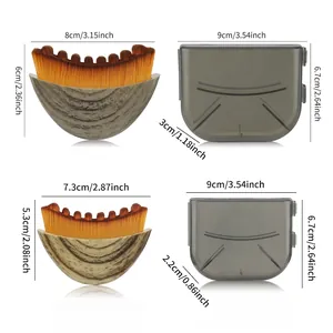 Foundation brush with crescent shape and storage case, showing size comparison chart